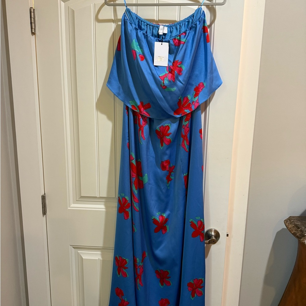 Sugarlips Blue Maxi Dress with Red Floral Design